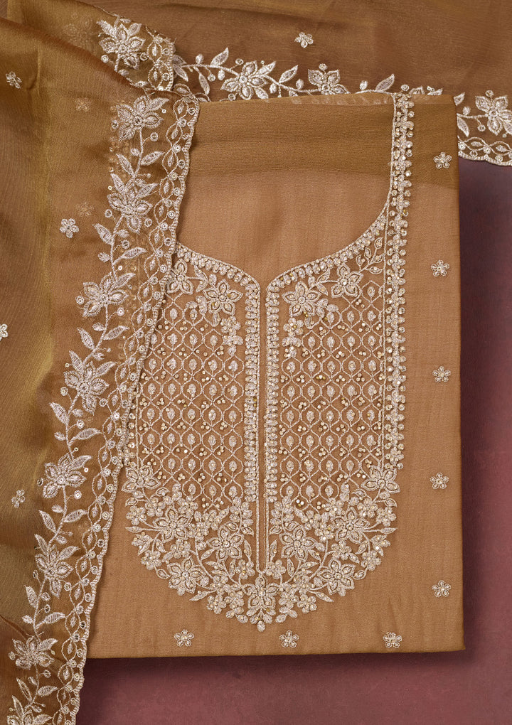 Light Brown Zariwork (Gold) Chinon Unstitched Salwar Suit