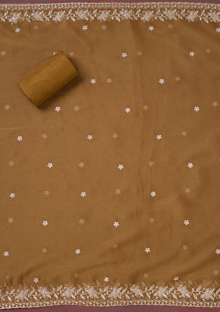 Light Brown Zariwork (Gold) Chinon Unstitched Salwar Suit