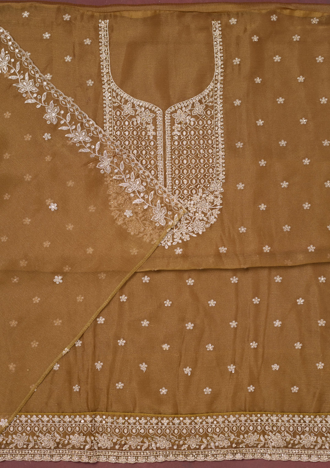 Light Brown Zariwork (Gold) Chinon Unstitched Salwar Suit