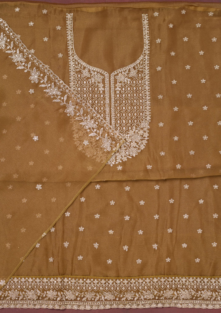 Light Brown Zariwork (Gold) Chinon Unstitched Salwar Suit