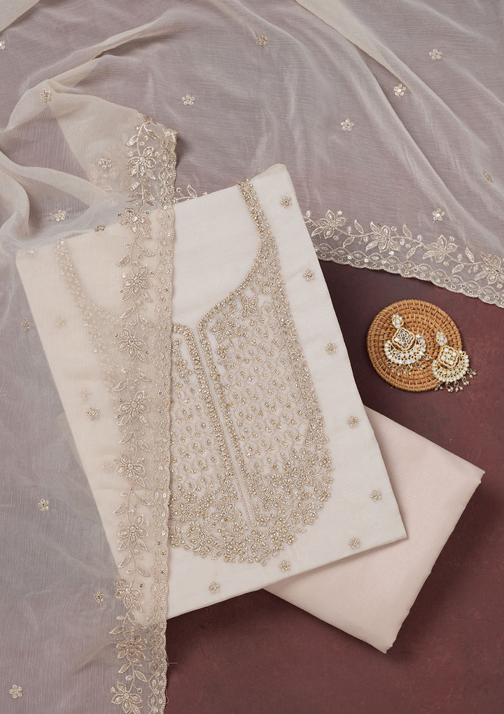 Off White Zariwork (Gold) Chinon Unstitched Salwar Suit