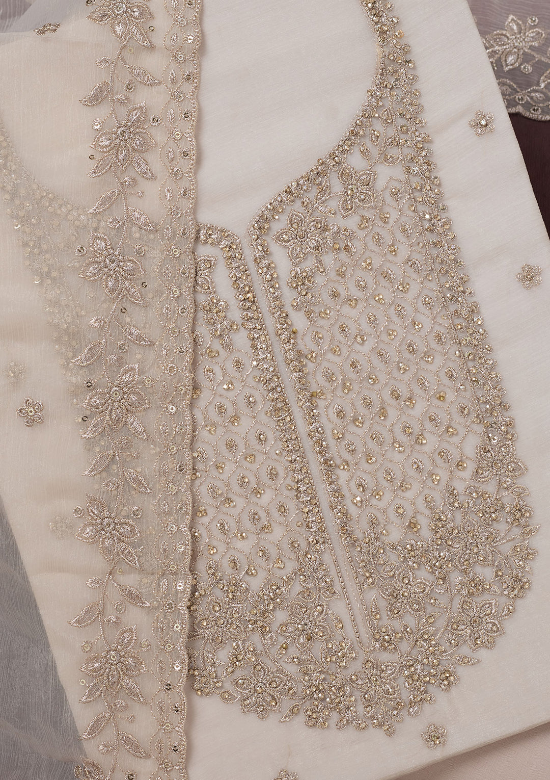 Off White Zariwork (Gold) Chinon Unstitched Salwar Suit