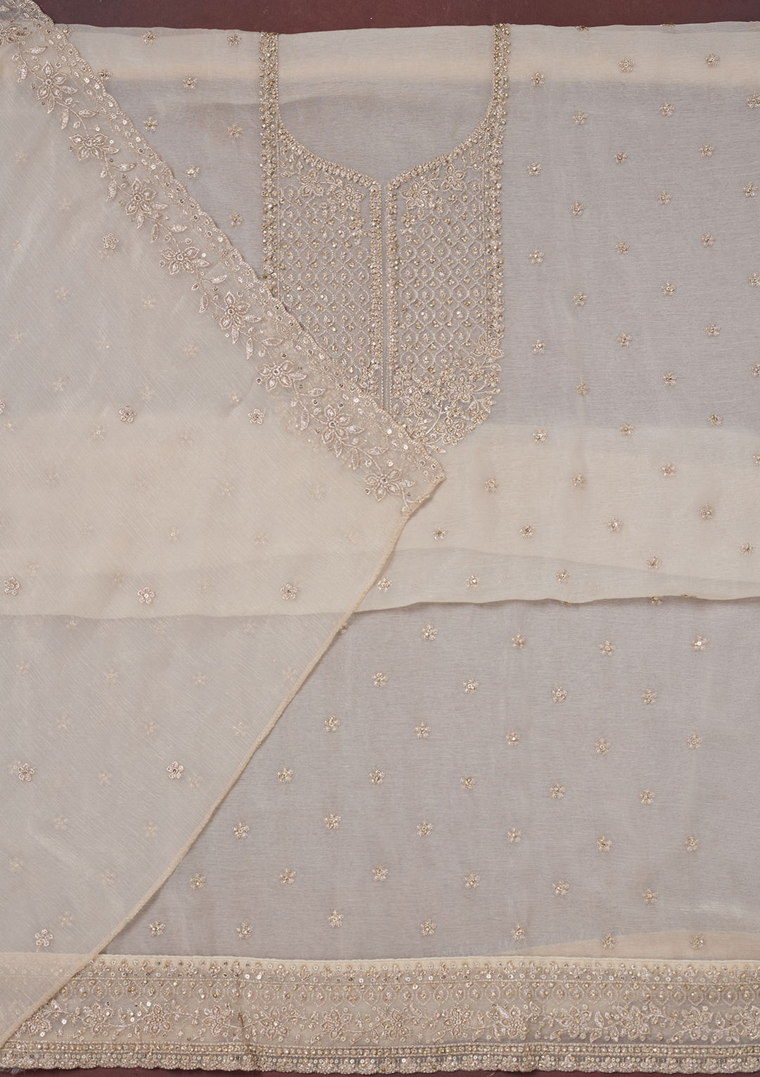 Off White Zariwork (Gold) Chinon Unstitched Salwar Suit