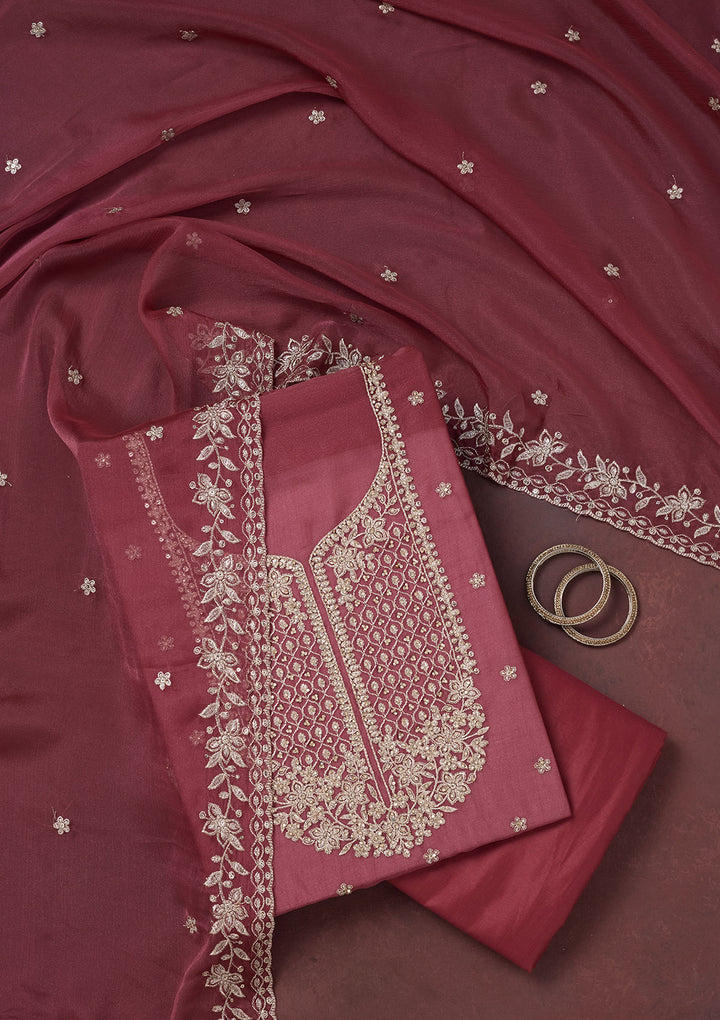 Onion Pink Zariwork (Gold) Chinon Unstitched Salwar Suit