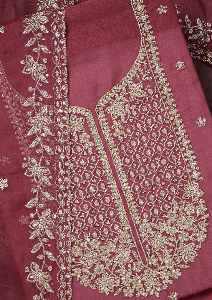 Onion Pink Zariwork (Gold) Chinon Unstitched Salwar Suit