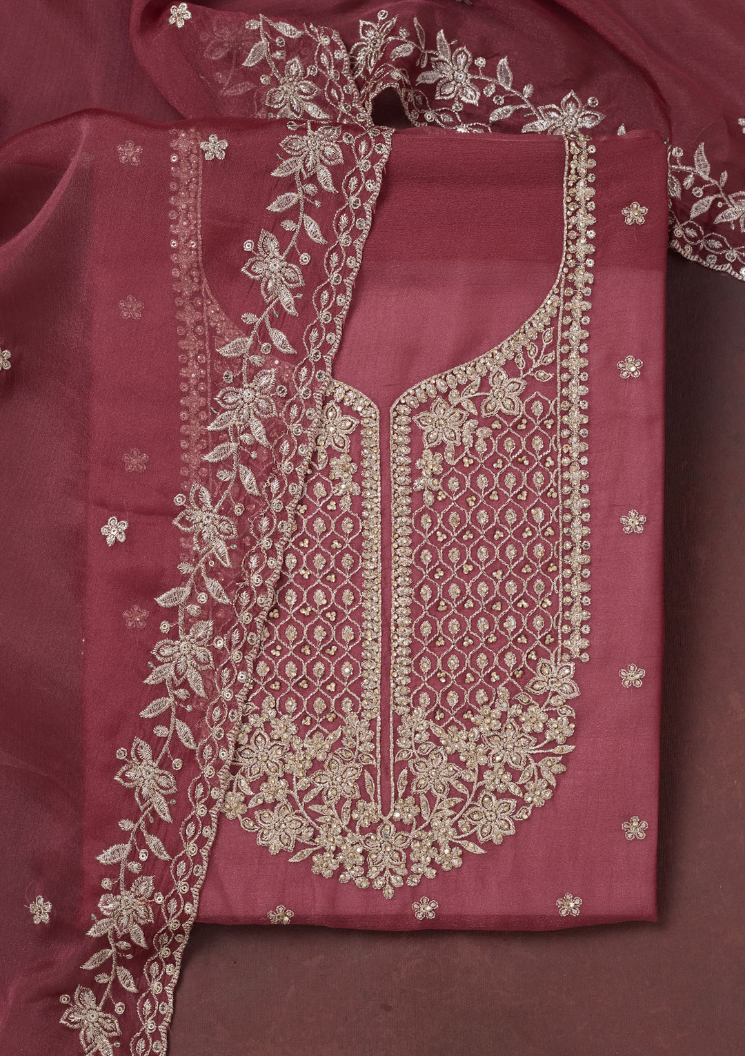 Onion Pink Zariwork (Gold) Chinon Unstitched Salwar Suit