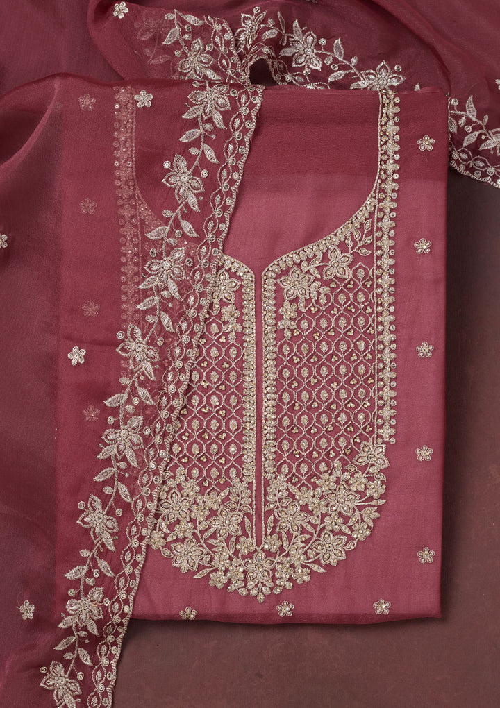 Onion Pink Zariwork (Gold) Chinon Unstitched Salwar Suit