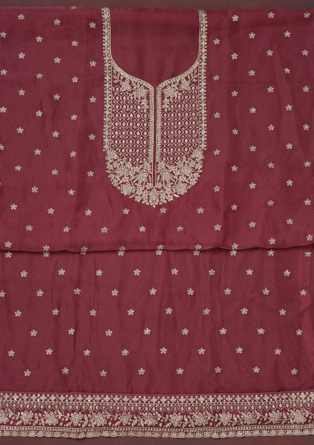 Onion Pink Zariwork (Gold) Chinon Unstitched Salwar Suit
