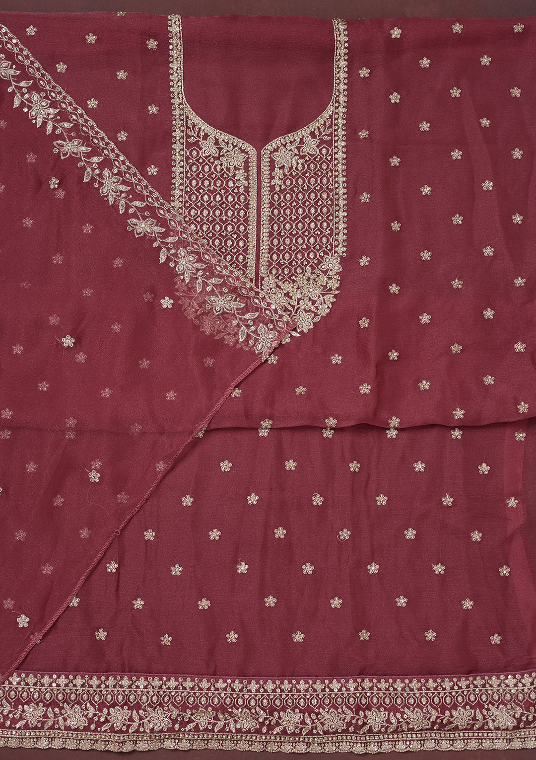 Onion Pink Zariwork (Gold) Chinon Unstitched Salwar Suit