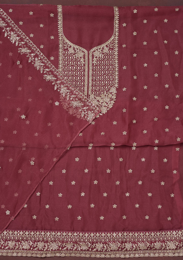Onion Pink Zariwork (Gold) Chinon Unstitched Salwar Suit