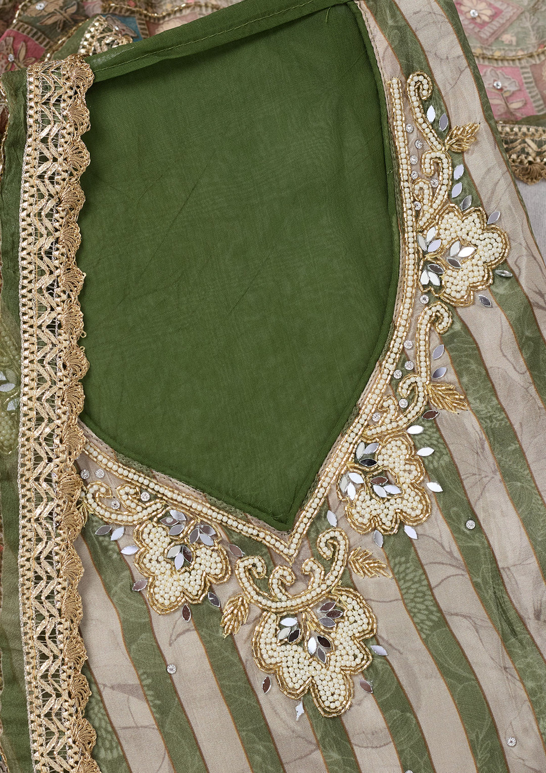 Leaf Green Cutdana Semi Crepe Unstitched Salwar Suit