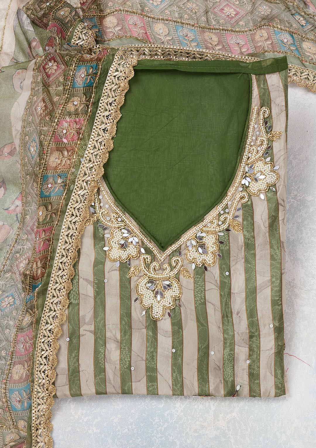 Leaf Green Cutdana Semi Crepe Unstitched Salwar Suit