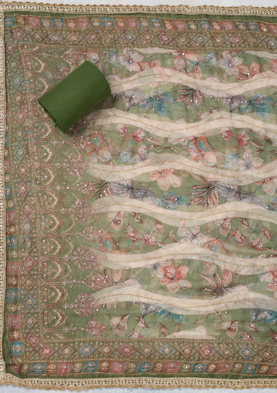 Leaf Green Cutdana Semi Crepe Unstitched Salwar Suit