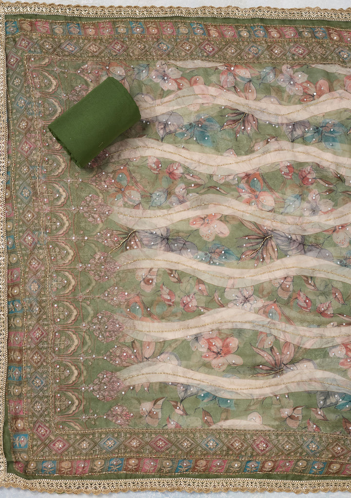 Leaf Green Cutdana Semi Crepe Unstitched Salwar Suit