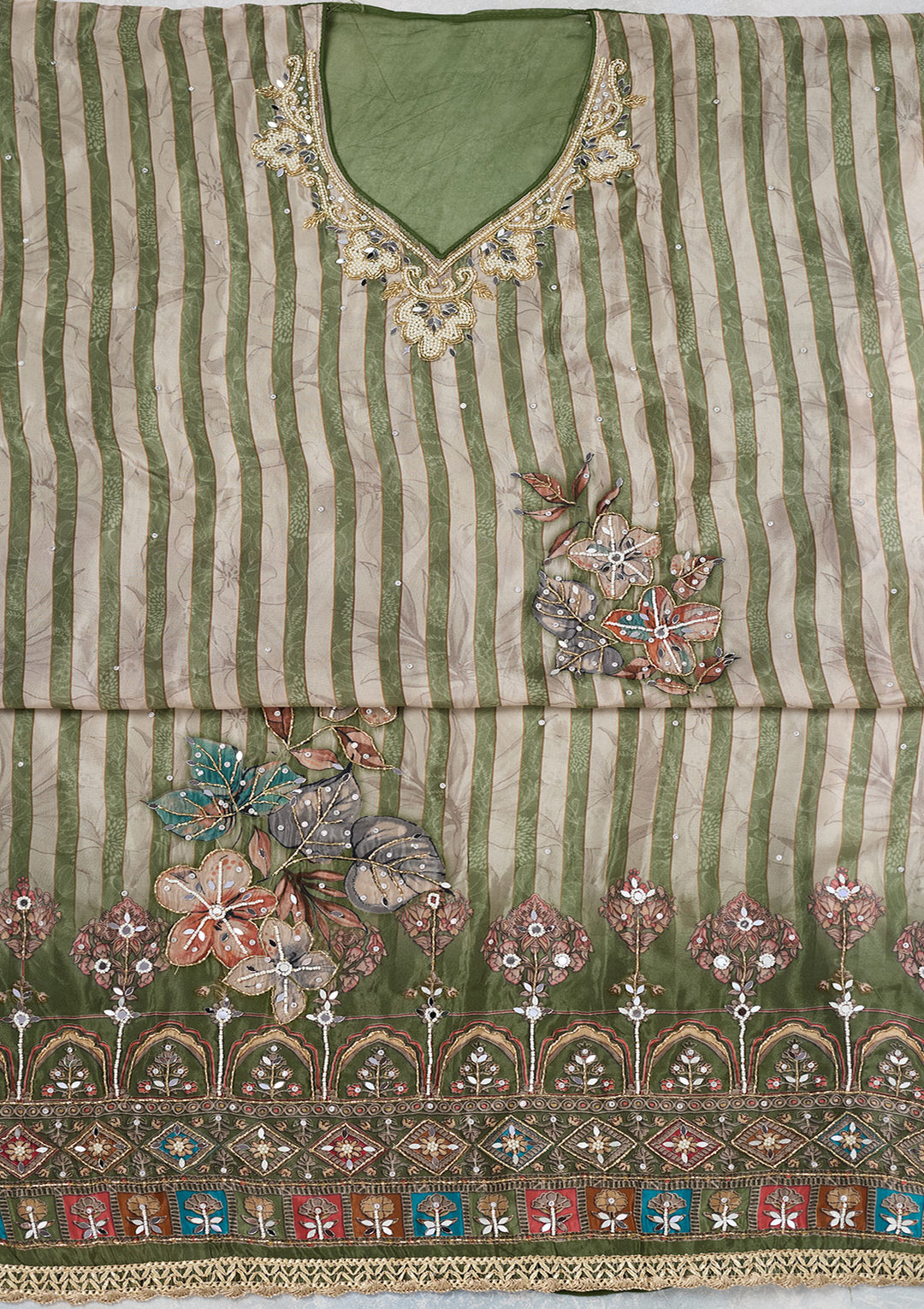 Leaf Green Cutdana Semi Crepe Unstitched Salwar Suit