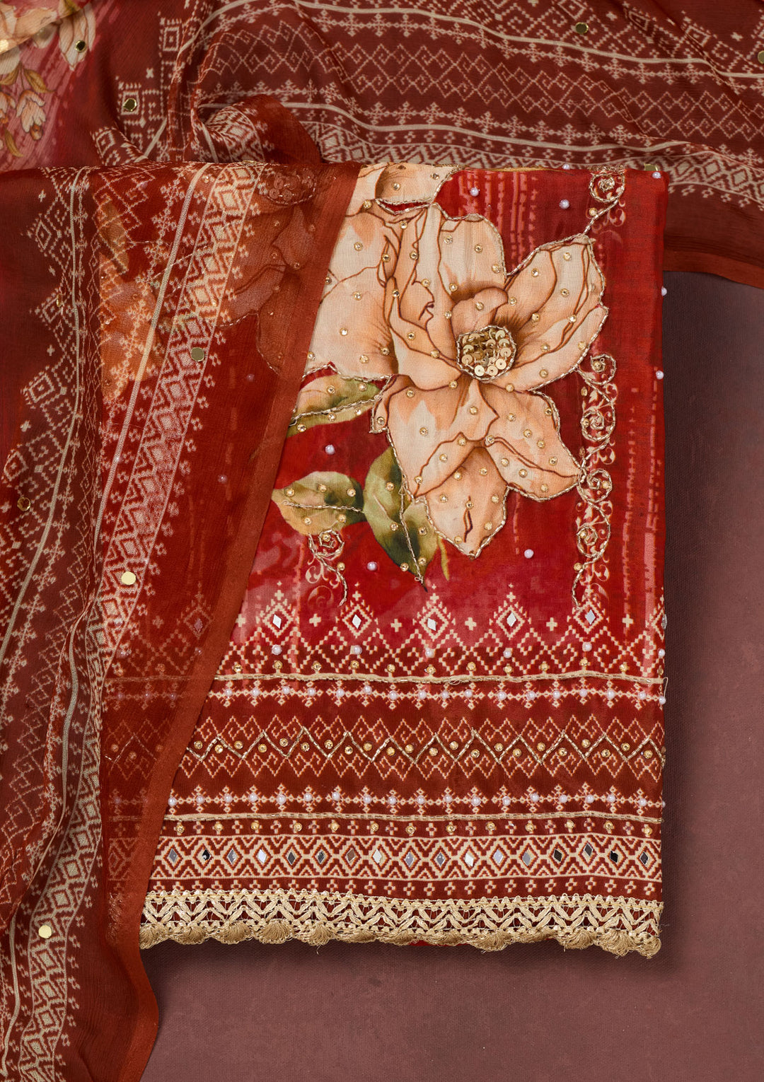 Maroon Cutdana Semi Crepe Unstitched Salwar Suit