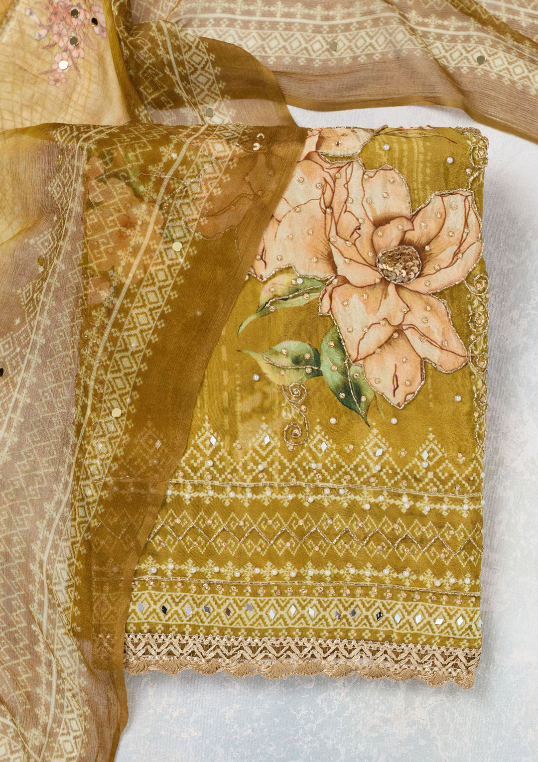 Mustard Cutdana Semi Crepe Unstitched Salwar Suit