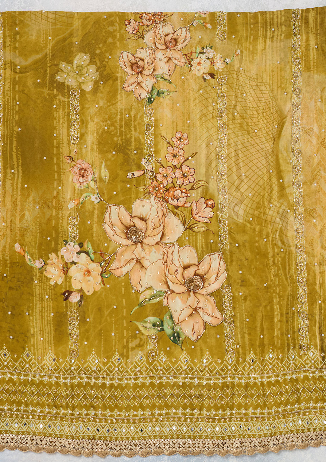 Mustard Cutdana Semi Crepe Unstitched Salwar Suit