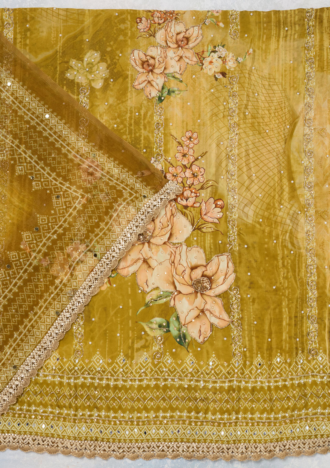 Mustard Cutdana Semi Crepe Unstitched Salwar Suit