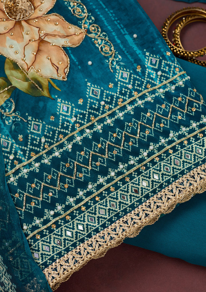 Peacock Blue Cutdana Semi Crepe Unstitched Salwar Suit
