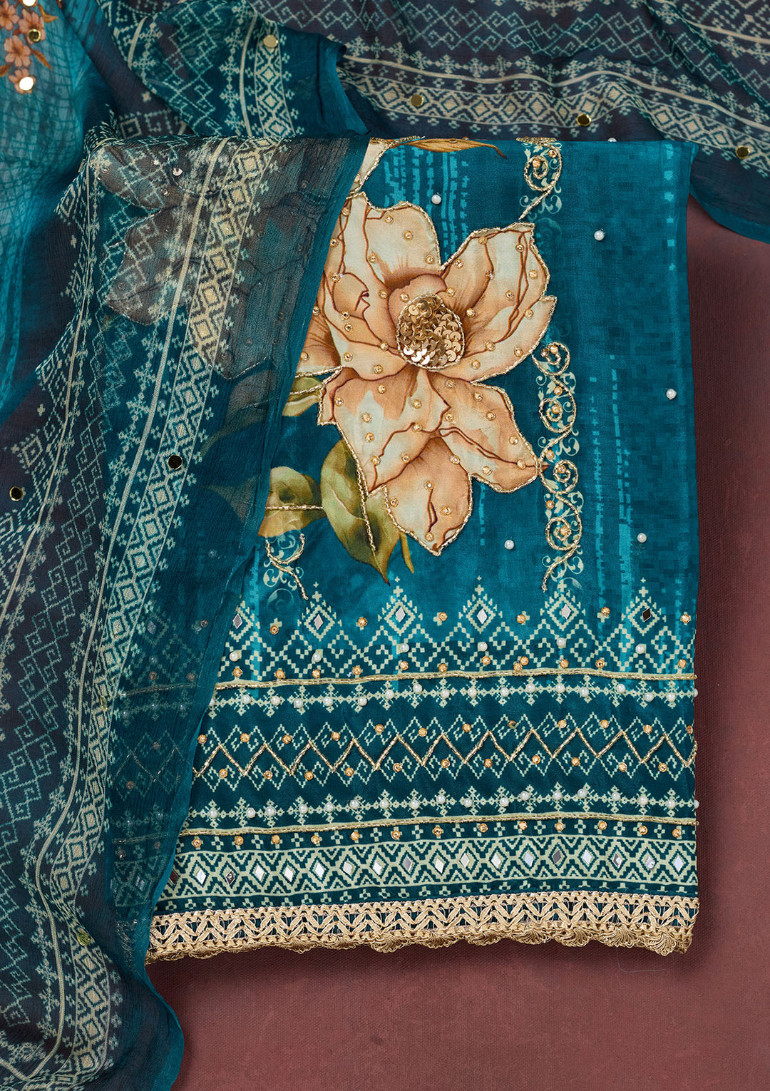 Peacock Blue Cutdana Semi Crepe Unstitched Salwar Suit