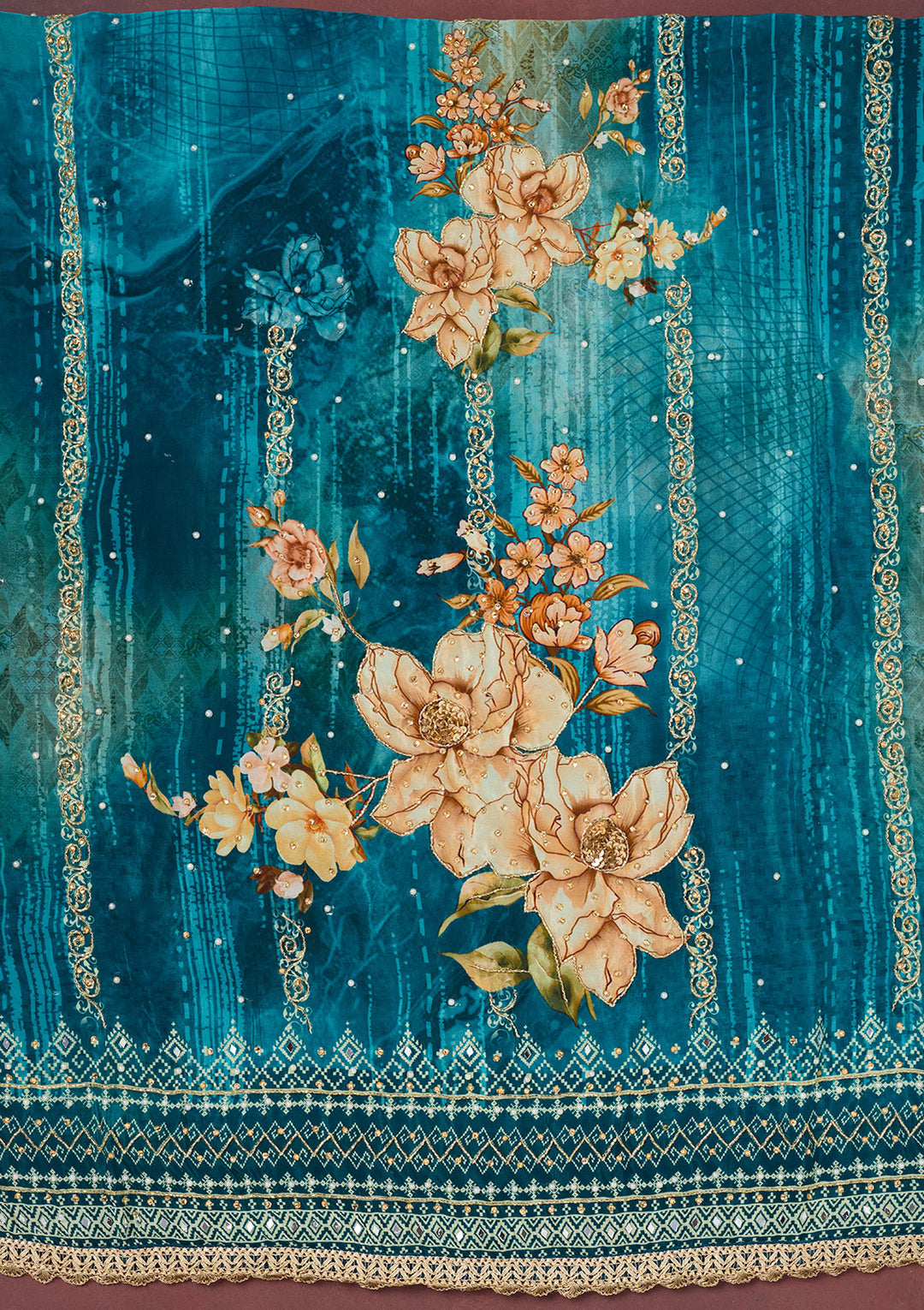 Peacock Blue Cutdana Semi Crepe Unstitched Salwar Suit