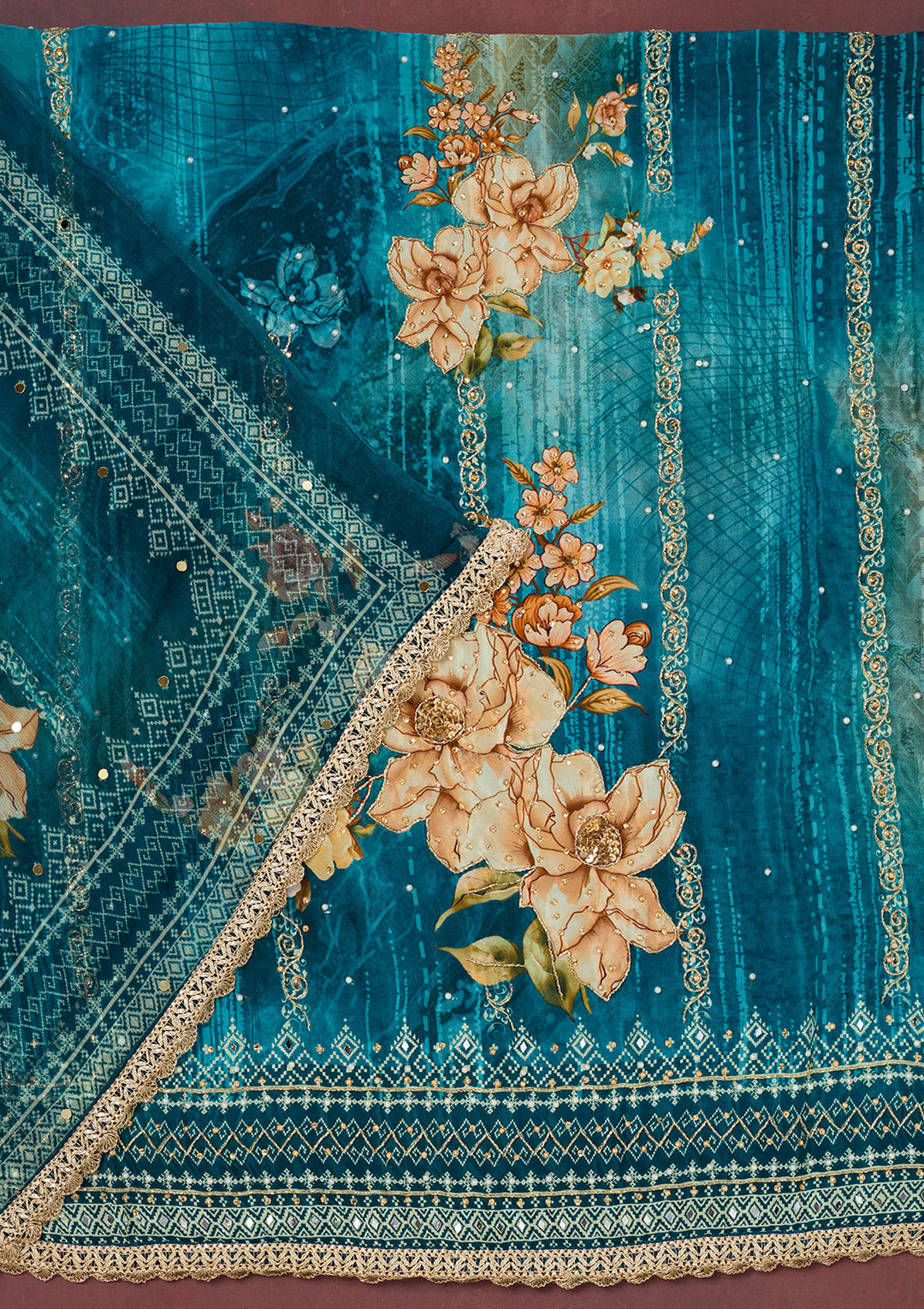 Peacock Blue Cutdana Semi Crepe Unstitched Salwar Suit