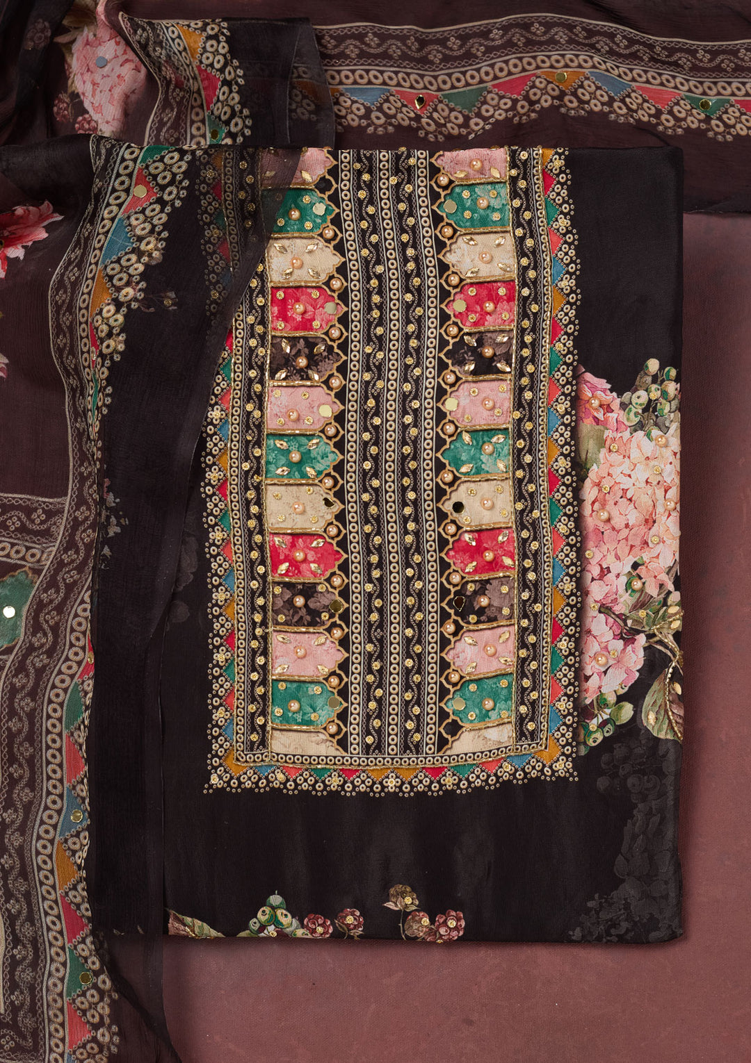 Black Cutdana Semi Crepe Unstitched Salwar Suit