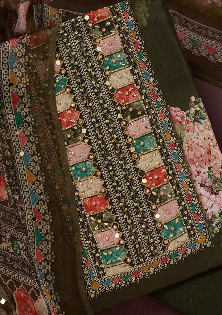 Mehendi Cutdana Semi Crepe Unstitched Salwar Suit