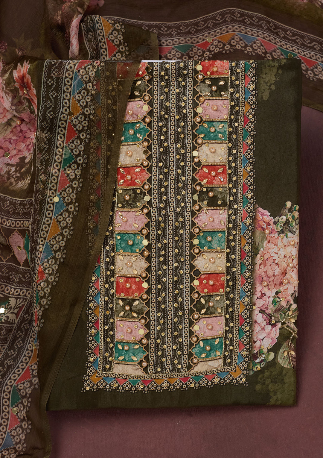 Mehendi Cutdana Semi Crepe Unstitched Salwar Suit