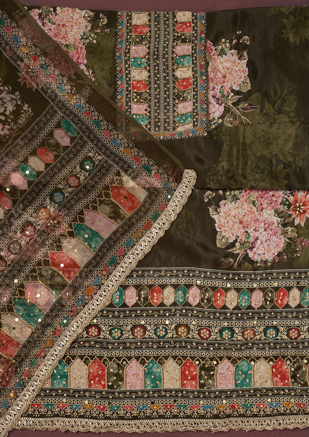 Mehendi Cutdana Semi Crepe Unstitched Salwar Suit