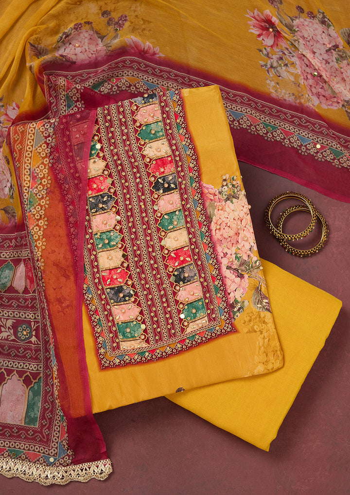 Mustard Cutdana Semi Crepe Unstitched Salwar Suit