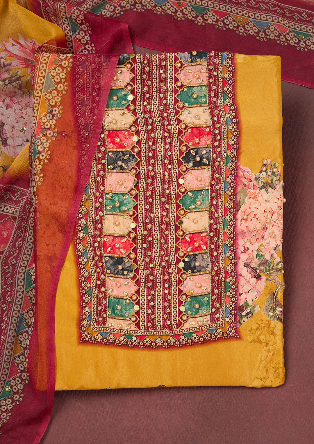 Mustard Cutdana Semi Crepe Unstitched Salwar Suit