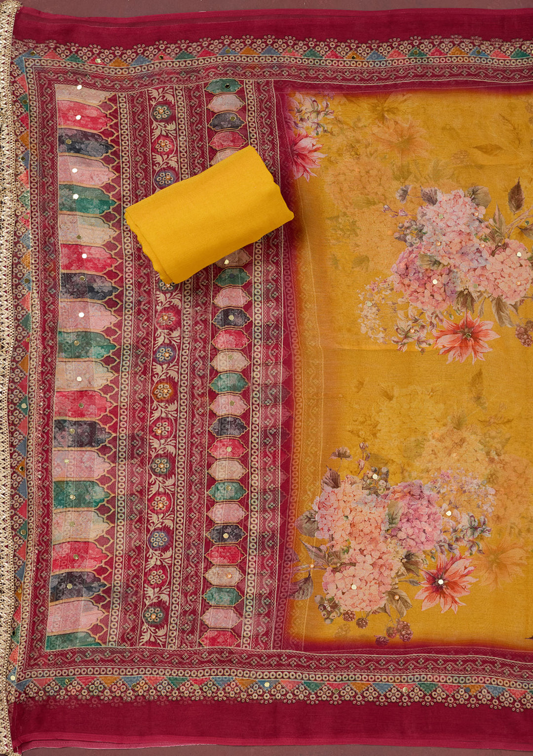 Mustard Cutdana Semi Crepe Unstitched Salwar Suit