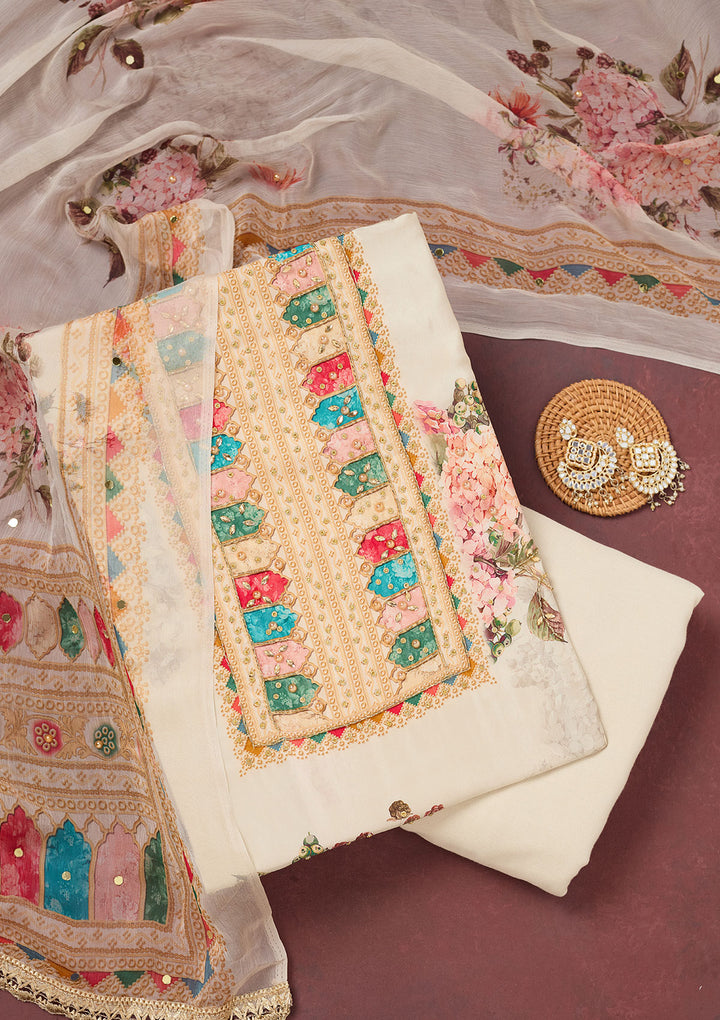 Off White Cutdana Semi Crepe Unstitched Salwar Suit