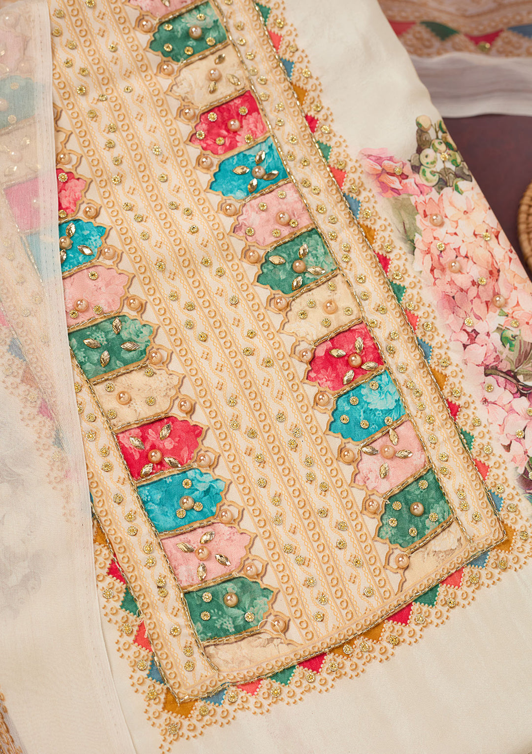 Off White Cutdana Semi Crepe Unstitched Salwar Suit