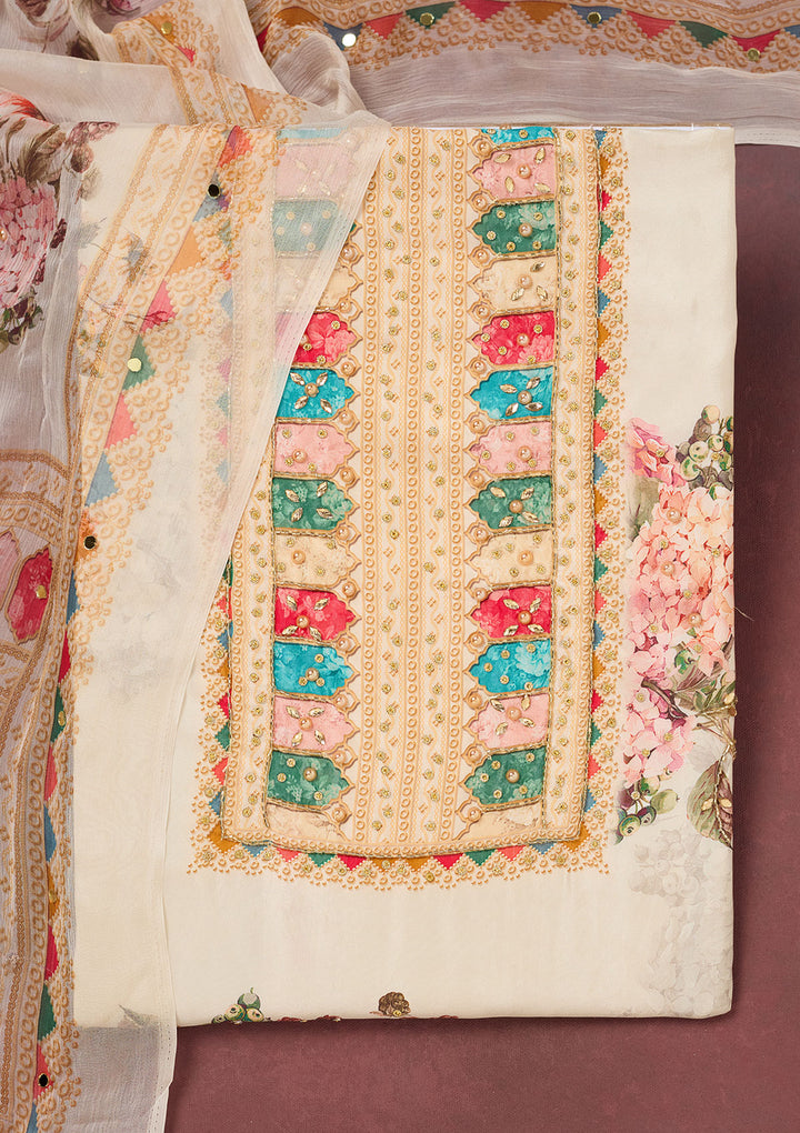 Off White Cutdana Semi Crepe Unstitched Salwar Suit