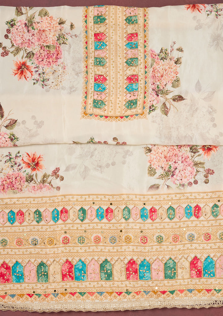 Off White Cutdana Semi Crepe Unstitched Salwar Suit