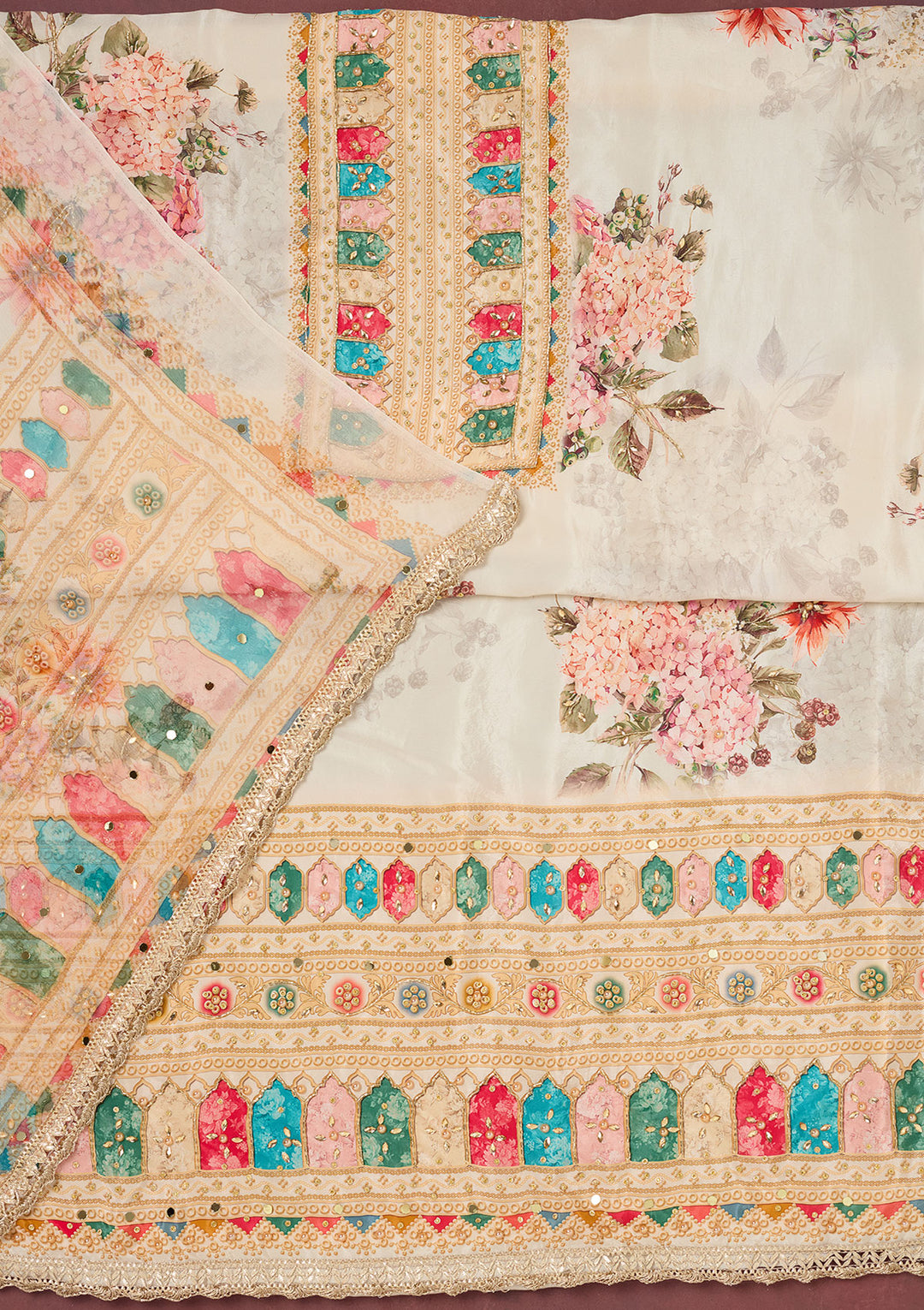 Off White Cutdana Semi Crepe Unstitched Salwar Suit