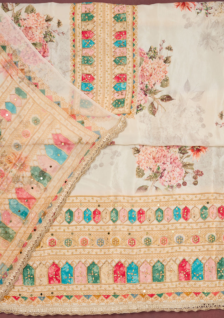 Off White Cutdana Semi Crepe Unstitched Salwar Suit