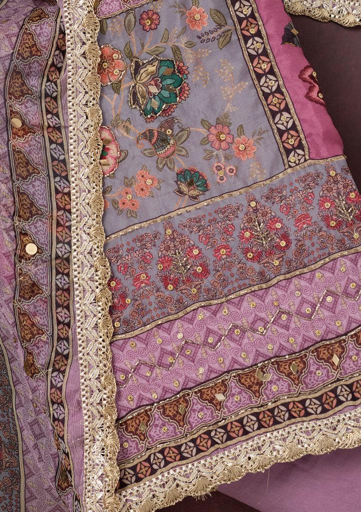 Lavender Cutdana Semi Crepe Unstitched Salwar Suit