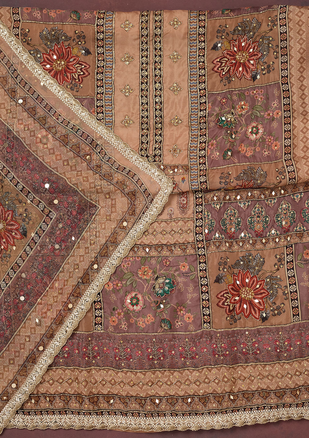 Light Brown Cutdana Semi Crepe Unstitched Salwar Suit