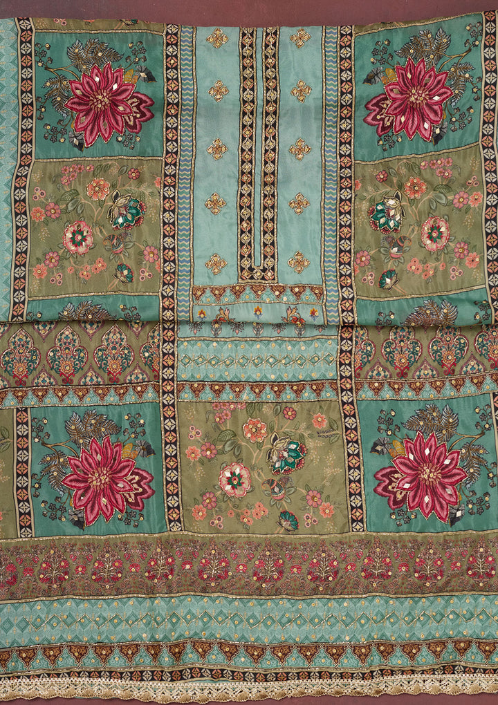 Sea Green Cutdana Semi Crepe Unstitched Salwar Suit