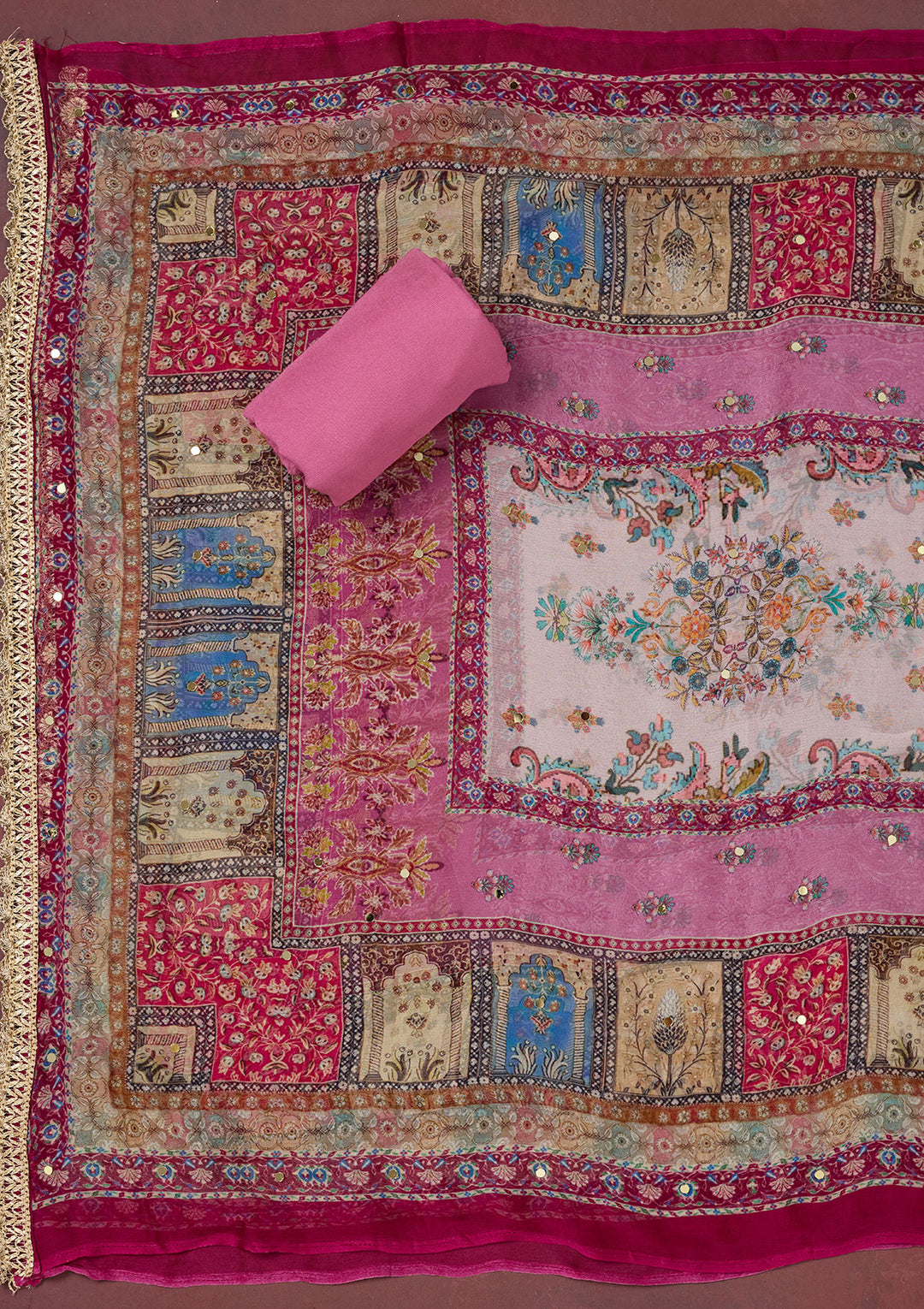 Onion Pink Cutdana Semi Crepe Unstitched Salwar Suit