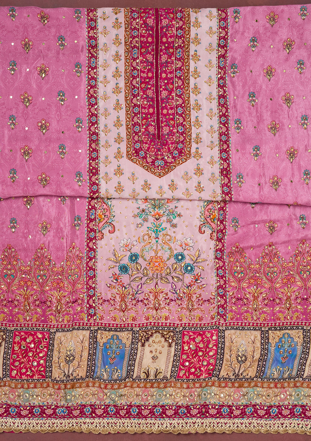 Onion Pink Cutdana Semi Crepe Unstitched Salwar Suit