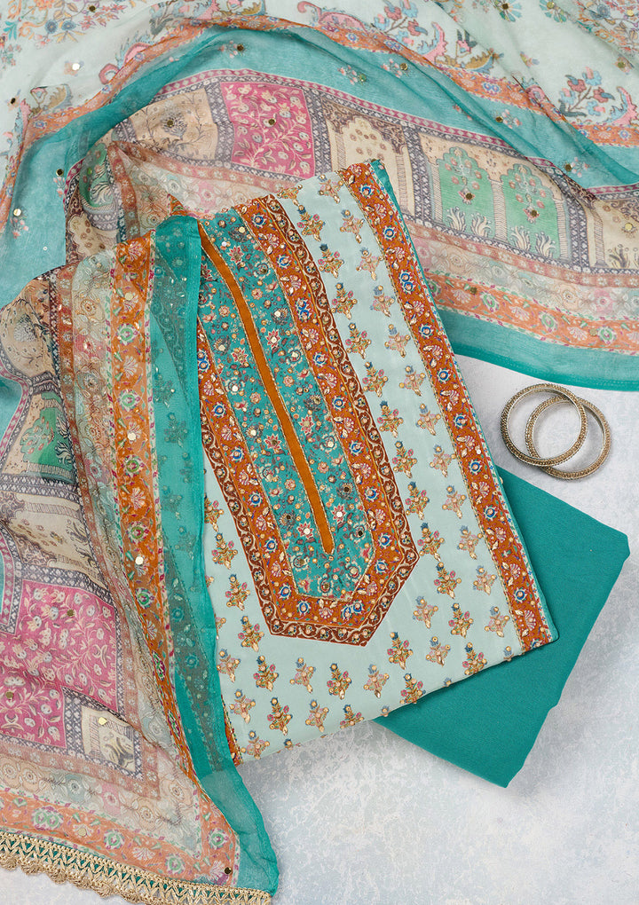 Turquoise Blue Cutdana Semi Crepe Unstitched Salwar Suit