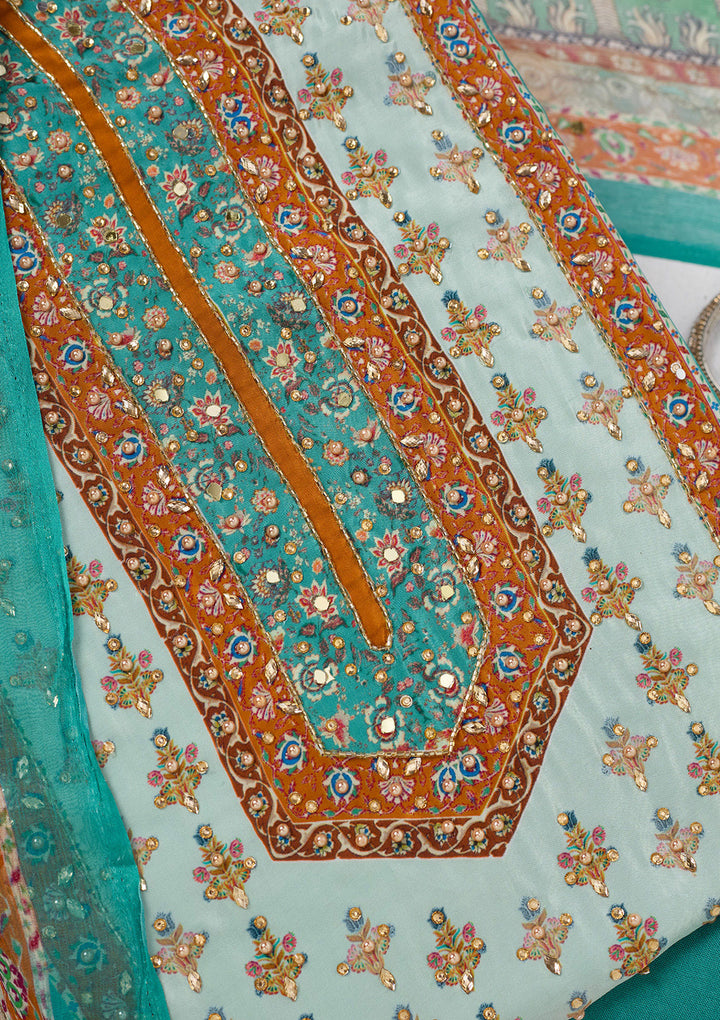 Turquoise Blue Cutdana Semi Crepe Unstitched Salwar Suit