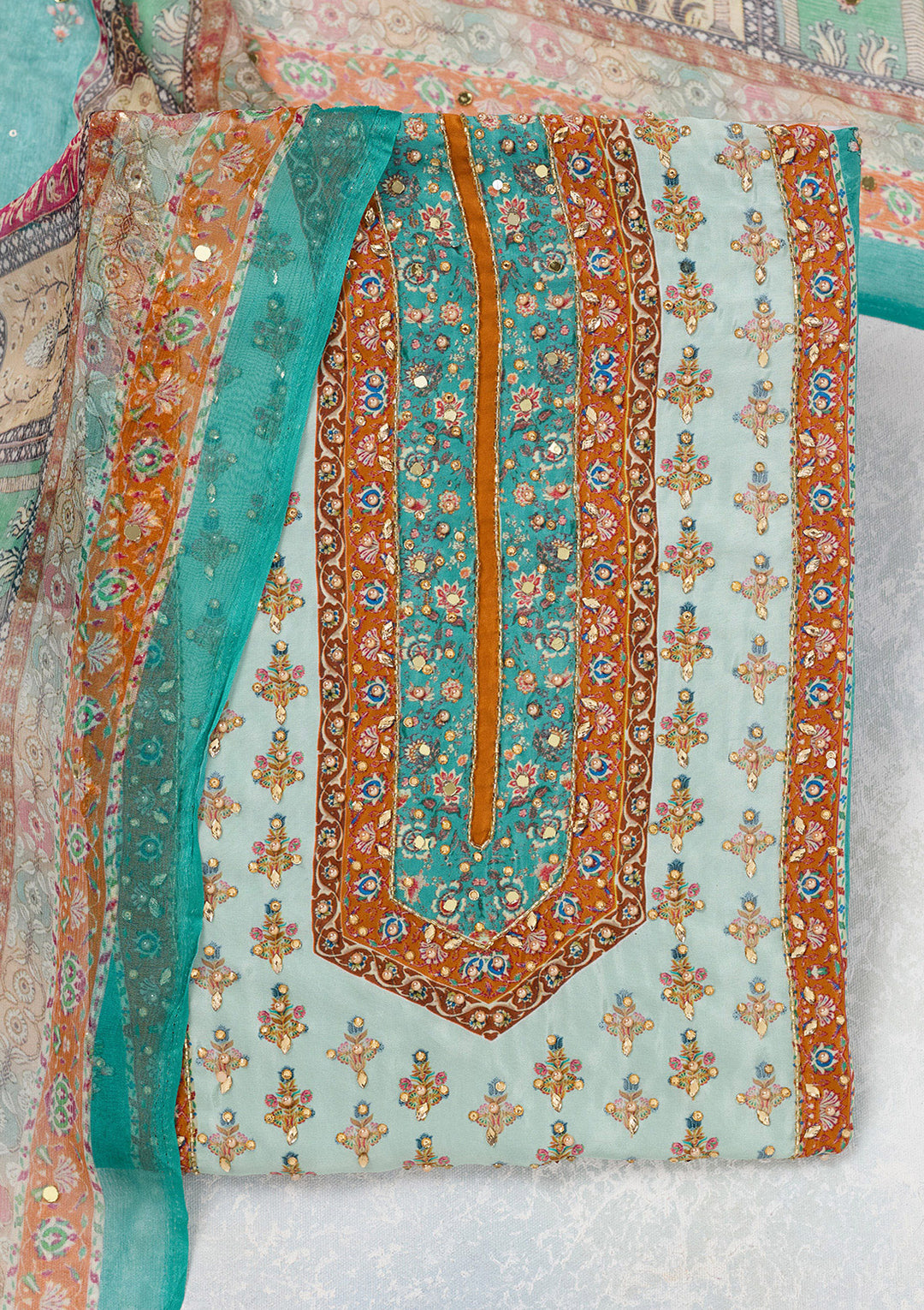 Turquoise Blue Cutdana Semi Crepe Unstitched Salwar Suit