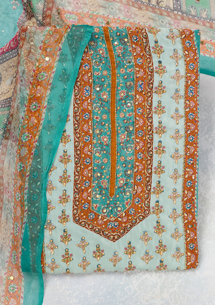 Turquoise Blue Cutdana Semi Crepe Unstitched Salwar Suit