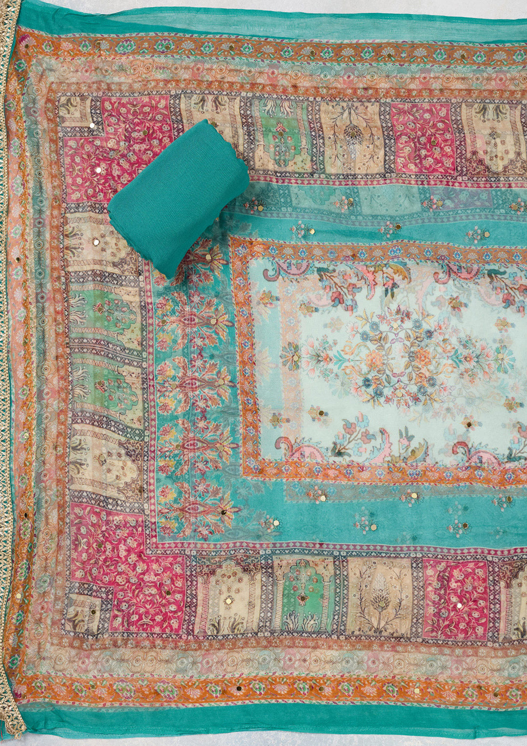Turquoise Blue Cutdana Semi Crepe Unstitched Salwar Suit